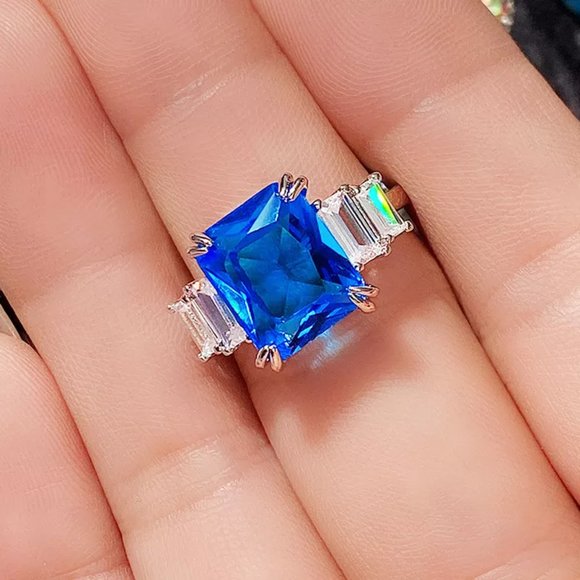 🎀925 Silver Plated Iced Out CZ Blue Crystal Wedding Ring, MARR9449 - Picture 5 of 7